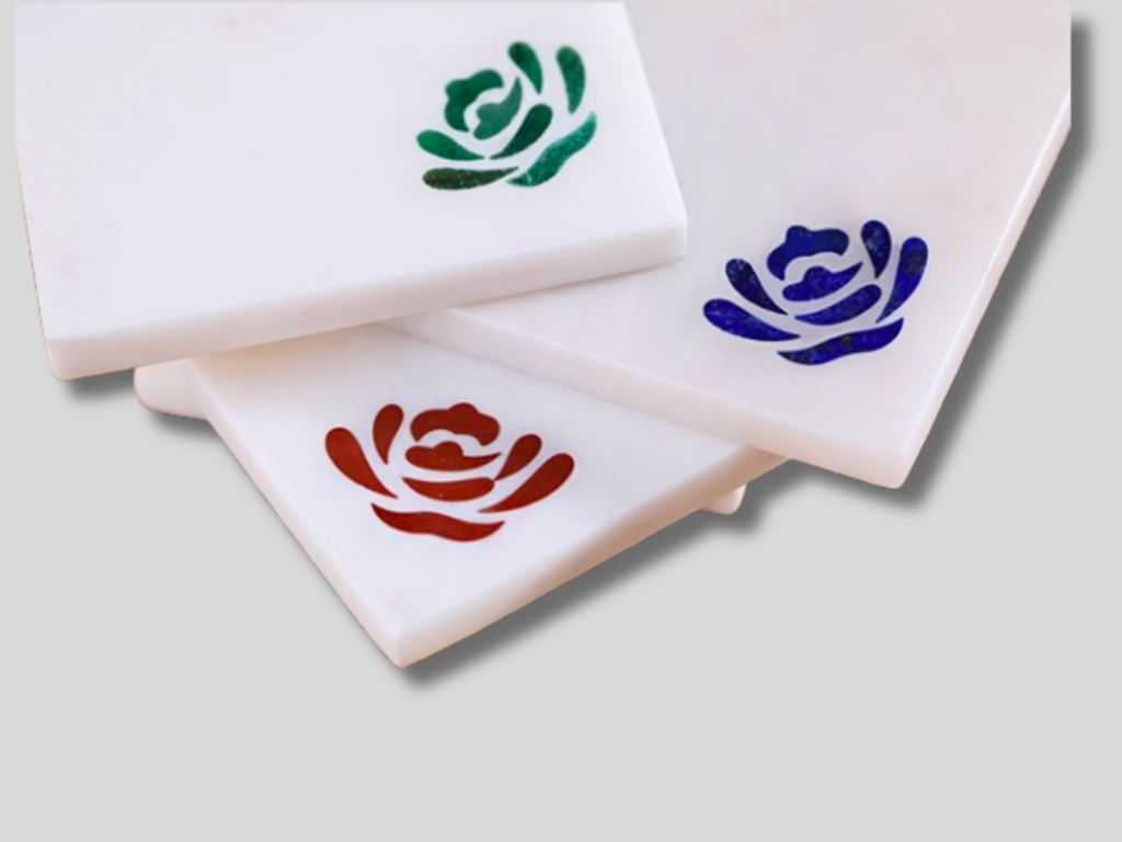 Buy Online White Marble Tea Coaster Set Inlay Tabletop Protection for Home & Kitchen